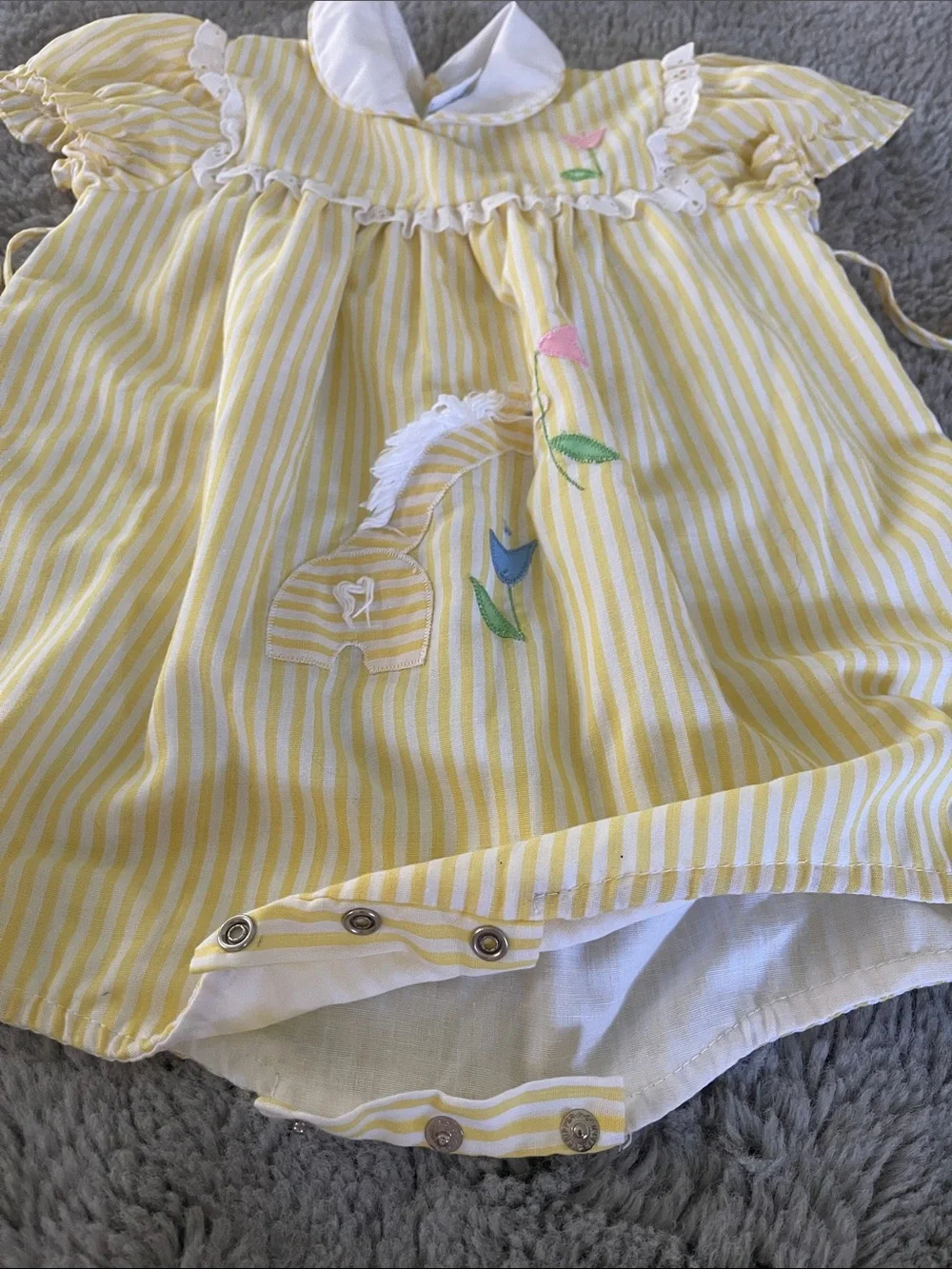 Vintage Yellow Striped Baby Romper with Floral Giraffe Appliqué